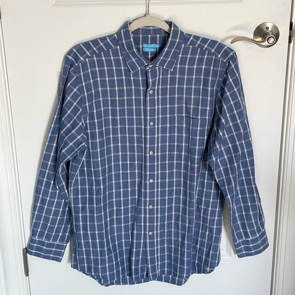 J. McLaughlin Trim Fit Linen Cotton blend button down Shirt blue 35480